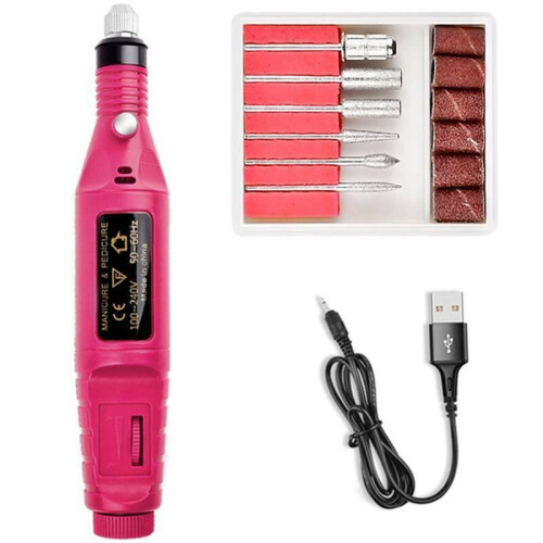 (Rose Red (USB Plug)) Pro Electric Nail Drill Machine Art Manicure Frinder Bits Set 1