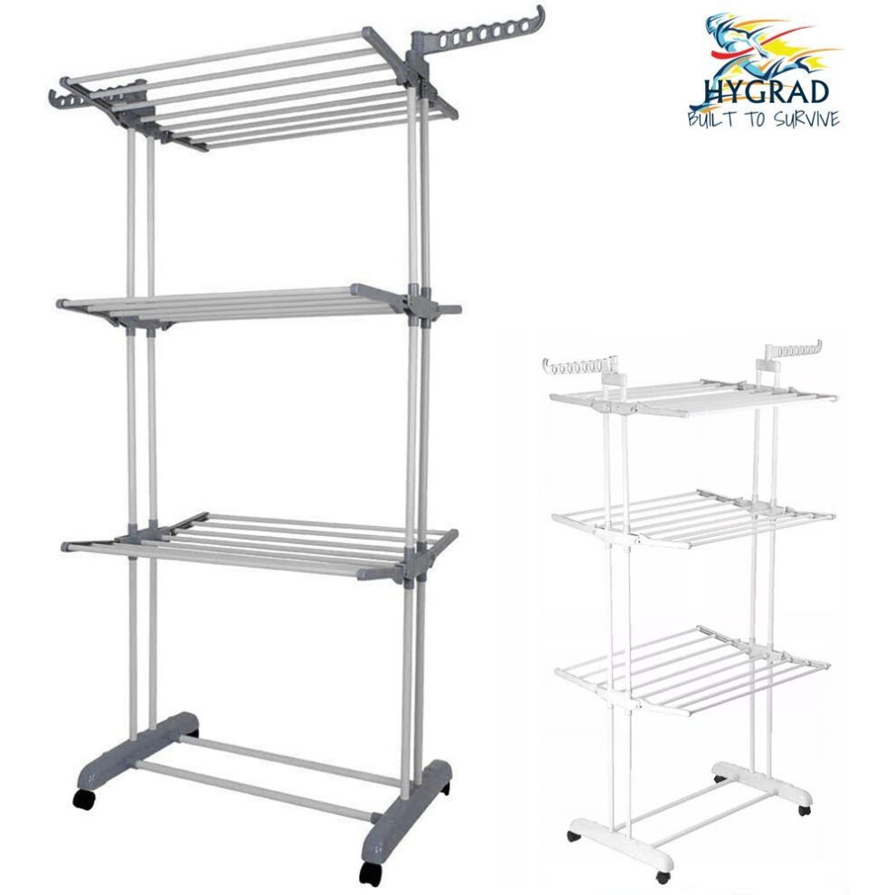 Hygrad (Grey) Folding Clothes Airer Horse 3 Tier Rolling Casters Drying Rack Hanging Garment Grey