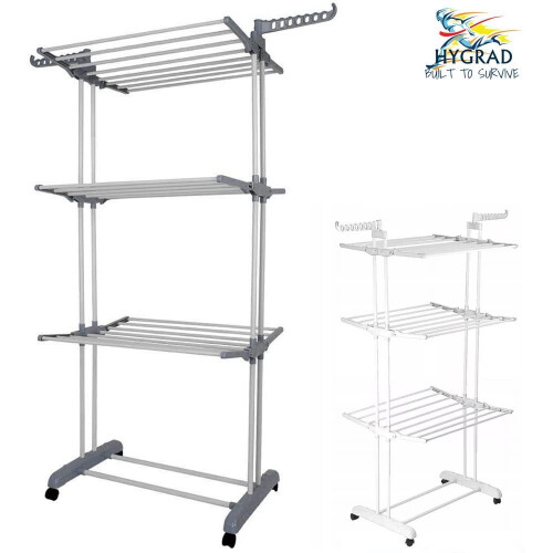 (White) Folding Clothes Airer Horse 3 Tier Rolling Casters Drying Rack Hanging Garment