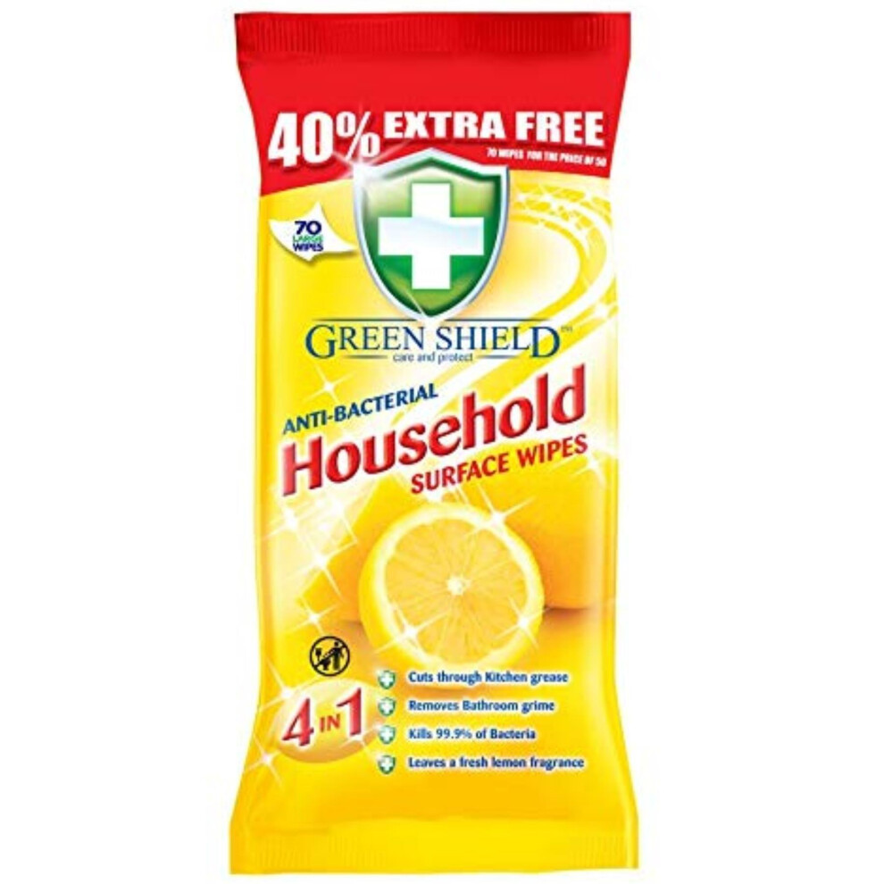 3 x GREEN SHIELD 70 LARGE HOUSEHOLD 99.9% ANTI BACTERIAL SURFACE LEMON WIPES - Image 17