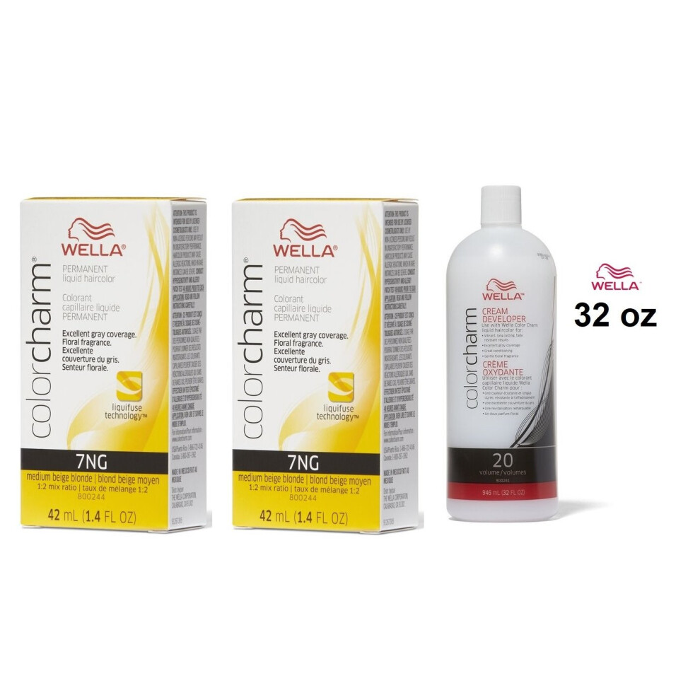 (7NG + 7NG+Developer (Vol. 20) 32oz) Wella Color Charm Haircolor 7NG Medium Beige Blonde