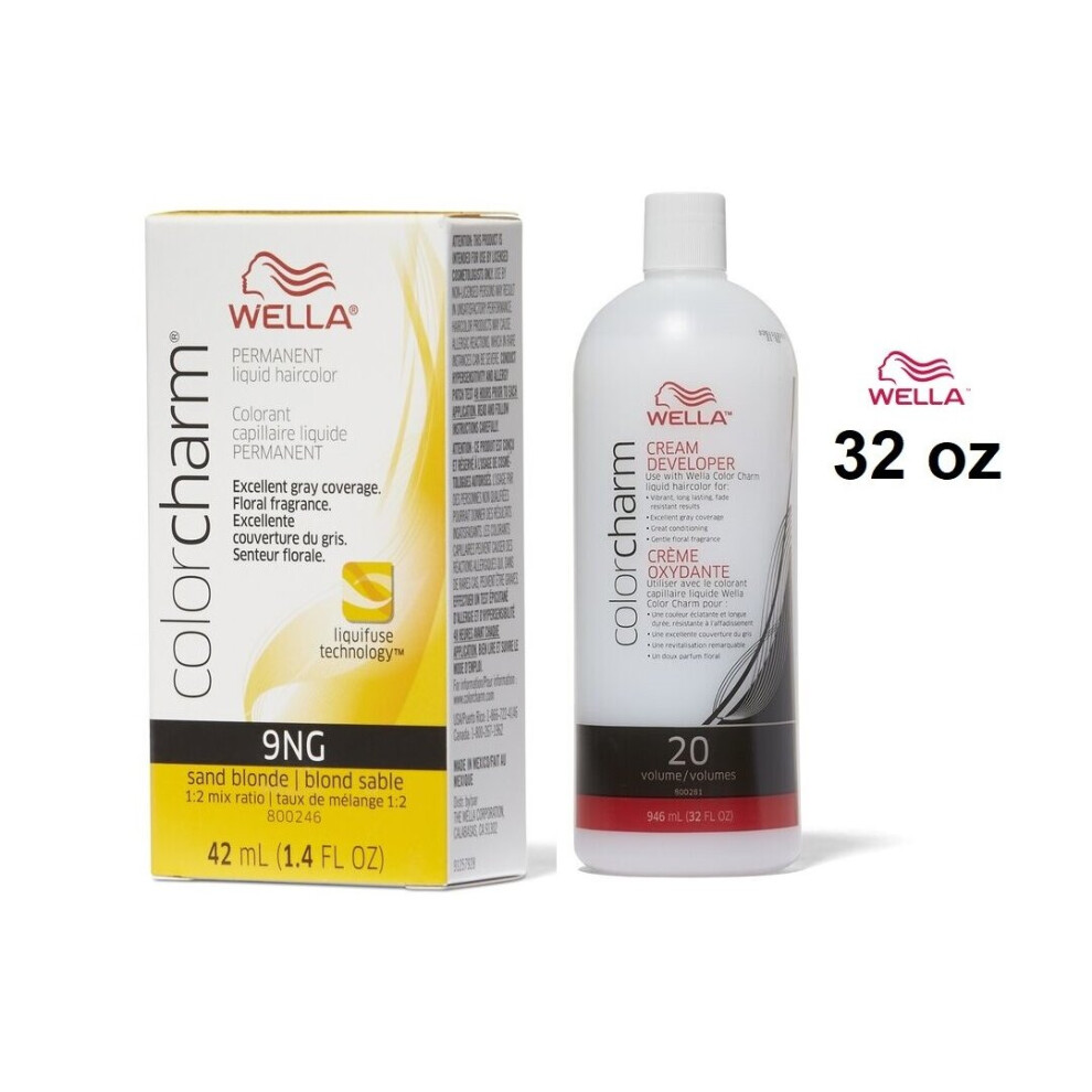 Wella (9Ng + Developer (Vol. 20) 32Oz) Color Charm Haircolor 9Ng Sand Blonde Multicoloured