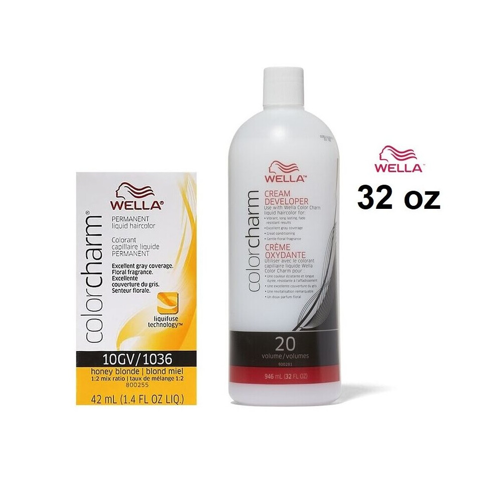 Wella (10Gv + Developer (Vol. 20) 32Oz) Color Charm Haircolor 10Gv Honey Blonde Multicoloured