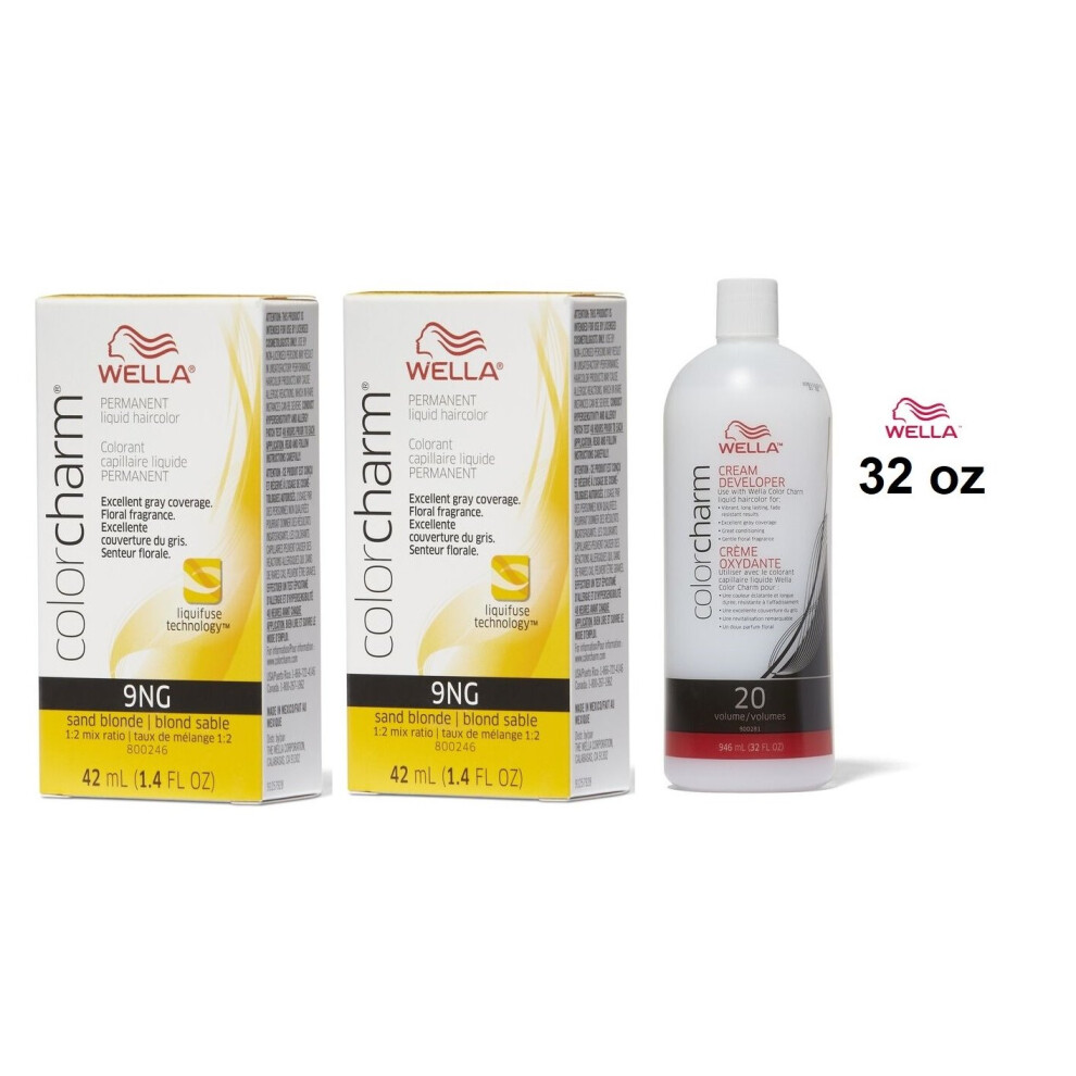 Wella (9Ng + 9Ng+Developer (Vol. 20) 32Oz) Color Charm Haircolor 9Ng Sand Blonde Multicoloured