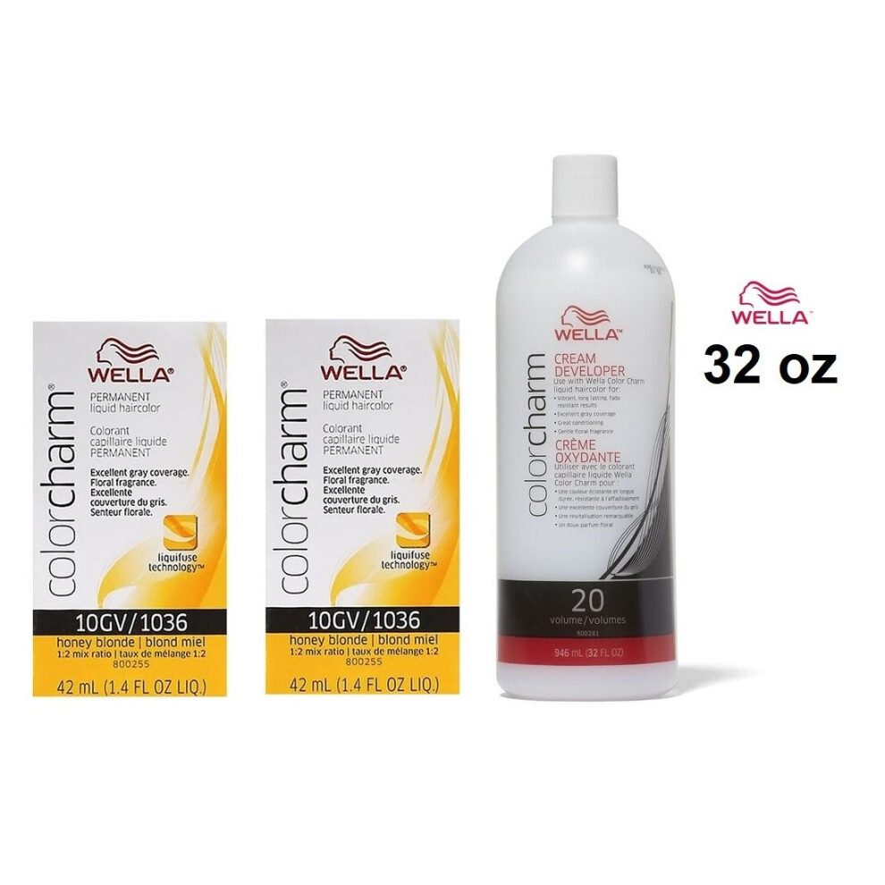 Wella Multicoloured (10Gv + 10Gv+Developer (Vol. 20) 32Oz) Color Charm Haircolor 10Gv Honey Blonde
