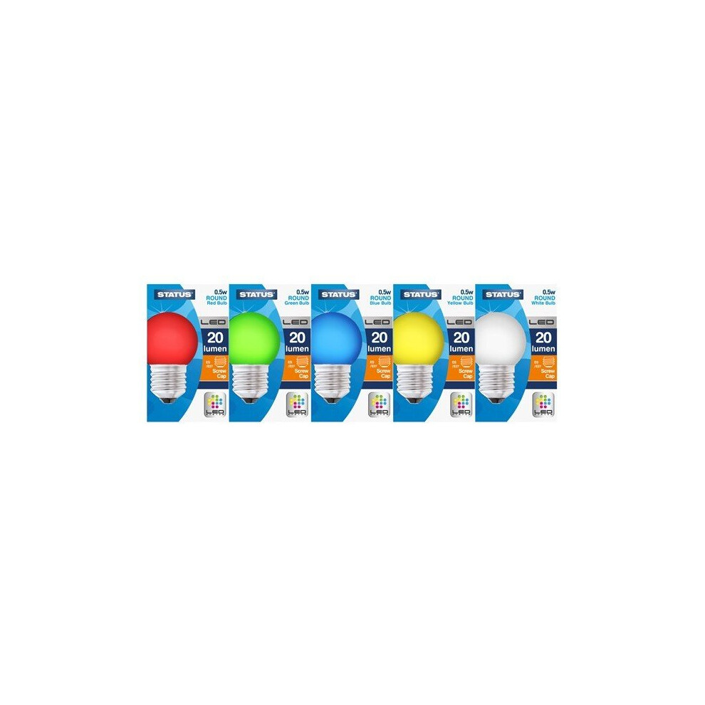 STATUS Box of 5 Mixed Colour LED Edison Screw Cap Round Bulbs - 0.5W - 20 Lumen [0.5SLRMCES5]