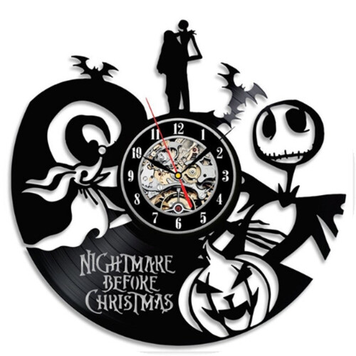 (With LED, 2) The Nightmare Before Christmas Vinyl Record Wall Clock Hollow Out Creative Retro Style Wall Clock