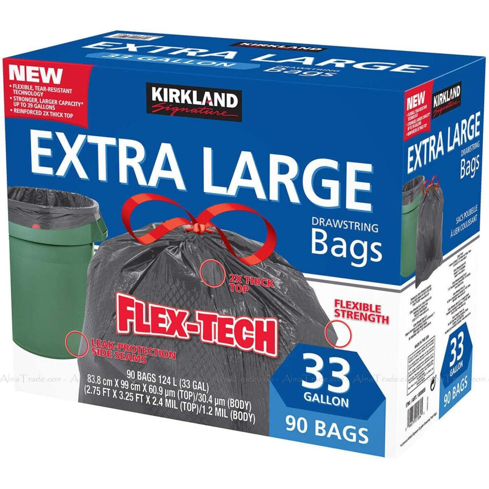 Kirkland Signature Drawstring Trash Bags - 33 Gallon - Xl Size - 90 Count (90 Count)