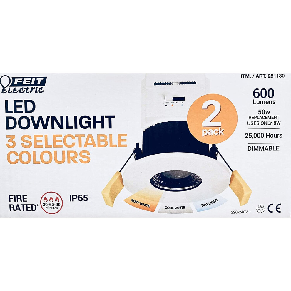 FEIT Twin Pack LED Fire-Rated Downlight with 3-Colour Temperatures White Bezel