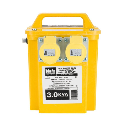 Defender 3.0Kva Power Tool Transformer - 2x16A Outlets, 230V to 110V, GRP Case, 2m Cable (Code: E203010)