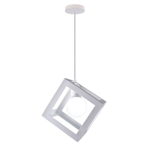 (White) 1lt Square Metal Wired Frame Pendant Light Cube Ceiling Lamp
