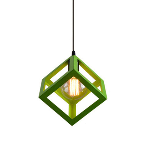 (Green) 1lt Square Metal Wired Frame Pendant Light Cube Ceiling Lamp 1