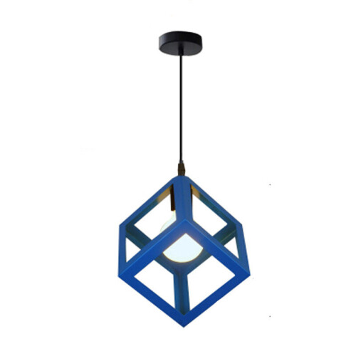 (Dark Blue) 1lt Square Metal Wired Frame Pendant Light Cube Ceiling Lamp