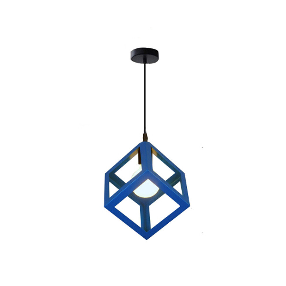(Dark Blue) 1lt Square Metal Wired Frame Pendant Light Cube Ceiling Lamp