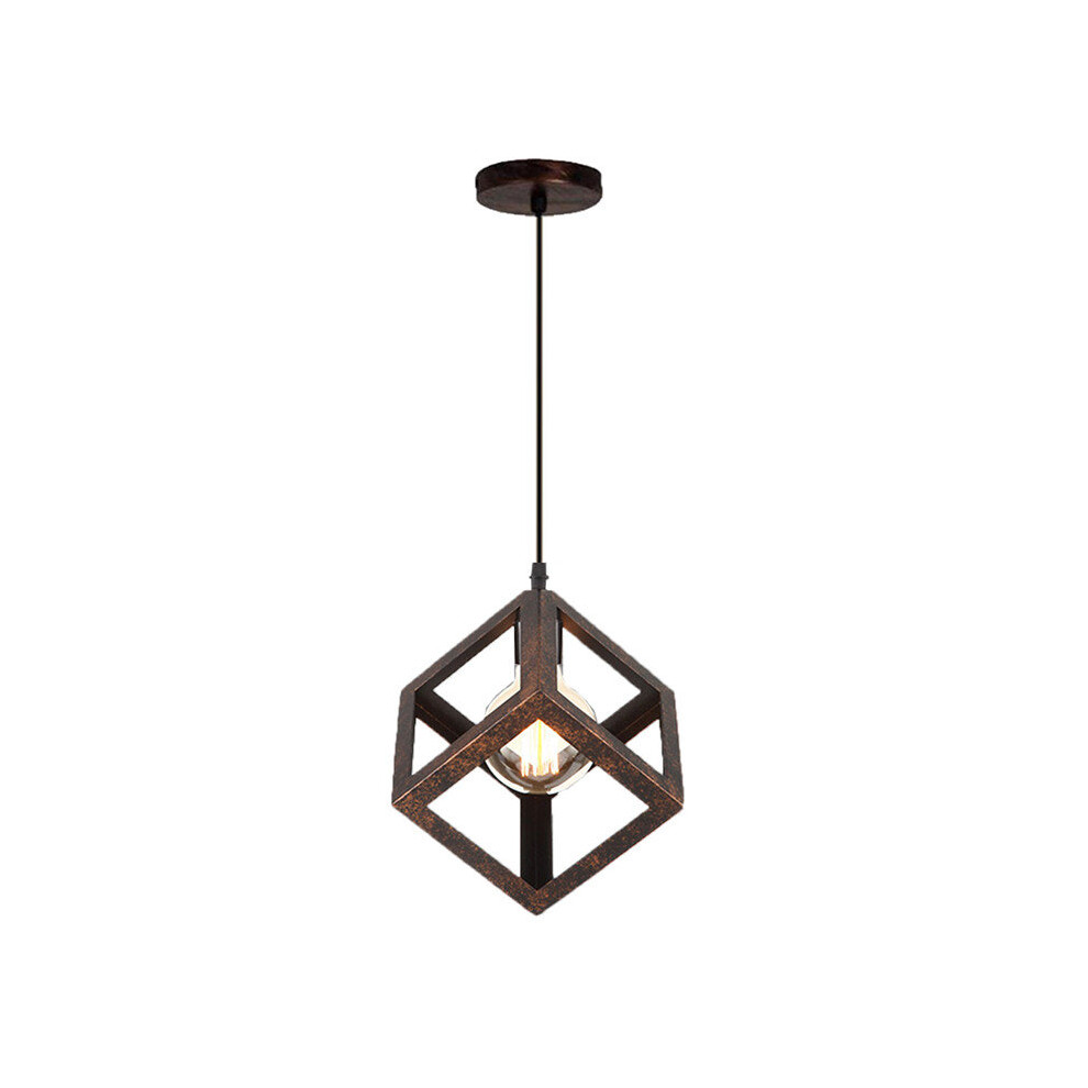 (Rust) 1lt Square Metal Wired Frame Pendant Light Cube Ceiling Lamp