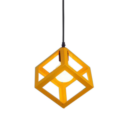 (Yellow) 1lt Square Metal Wired Frame Pendant Light Cube Ceiling Lamp 1