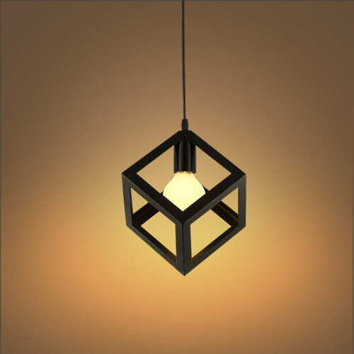 (Black) 1lt Square Metal Wired Frame Pendant Light Cube Ceiling Lamp 2