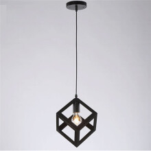 (Black) 1lt Square Metal Wired Frame Pendant Light Cube Ceiling Lamp