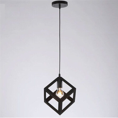 (Black) 1lt Square Metal Wired Frame Pendant Light Cube Ceiling Lamp