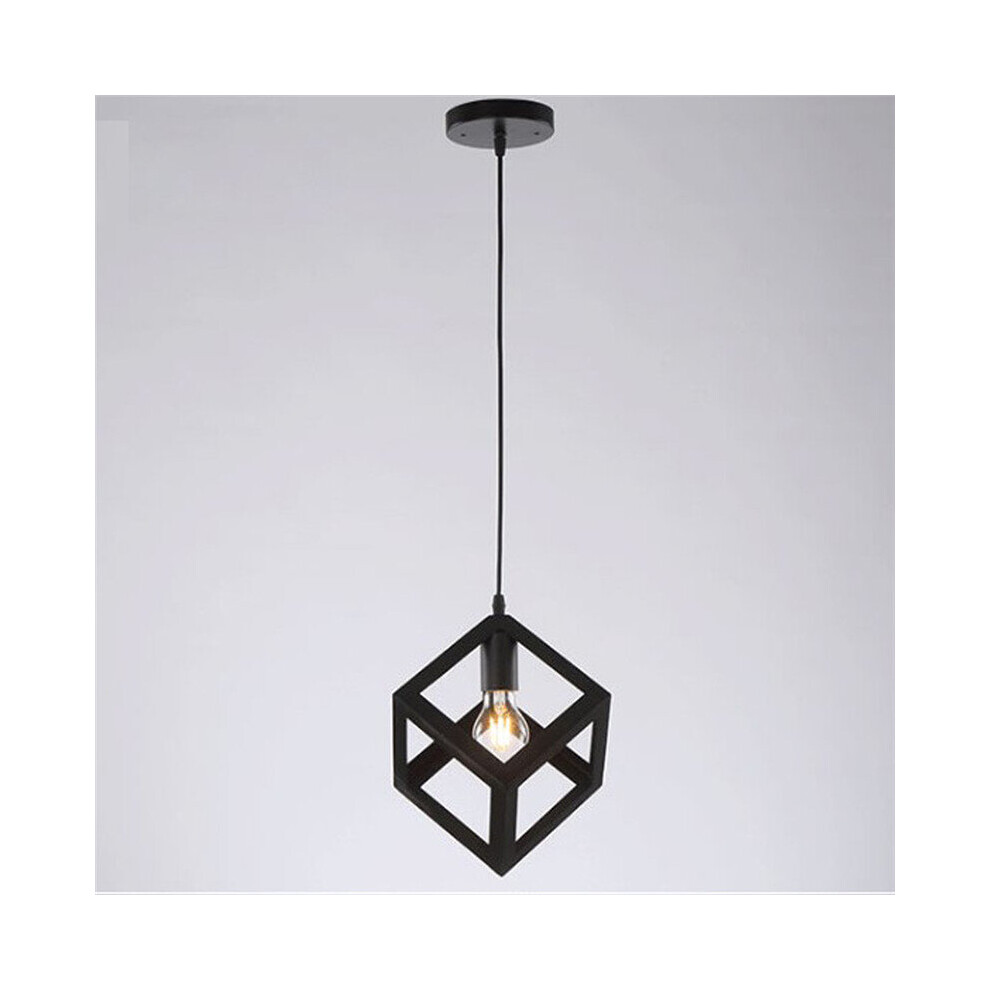 (Black) 1lt Square Metal Wired Frame Pendant Light Cube Ceiling Lamp