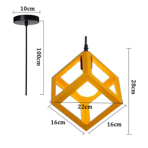 (Yellow) 1lt Square Metal Wired Frame Pendant Light Cube Ceiling Lamp 2