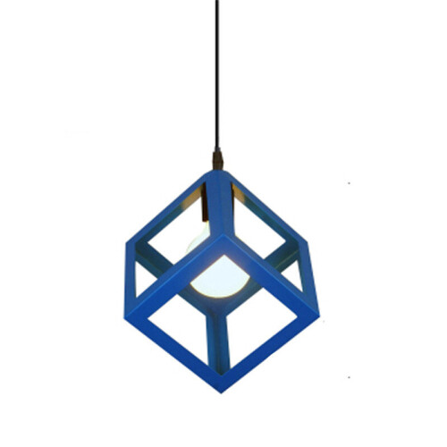 (Dark Blue) 1lt Square Metal Wired Frame Pendant Light Cube Ceiling Lamp 1