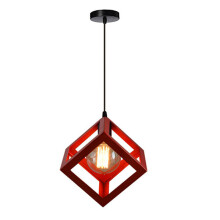 (Red) 1lt Square Metal Wired Frame Pendant Light Cube Ceiling Lamp