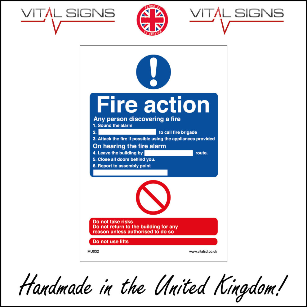 (150 x 200mm - 6 x 8, 5mm Heavy Duty Foamex Foamboard) FIRE ACTION SIGN MU032 SAFETY STICKER RIGID INDOOR OUTDOOR