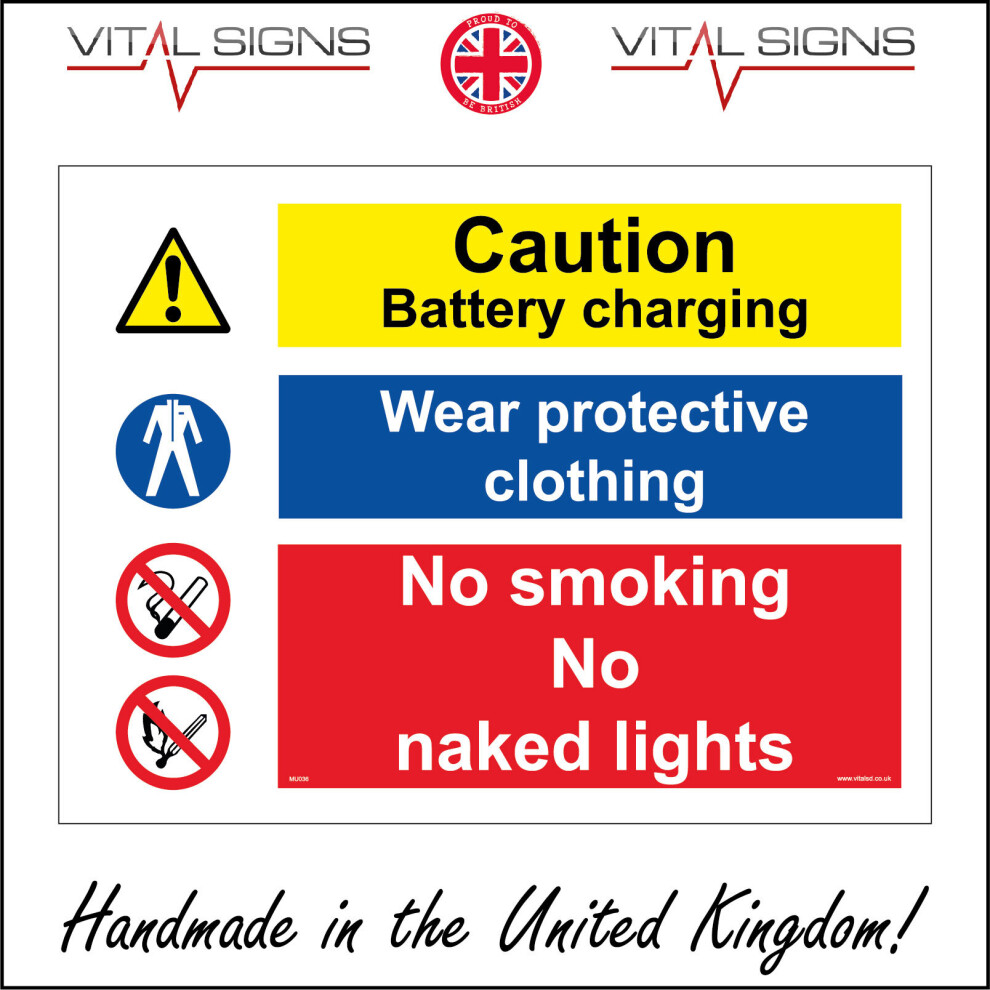 (400 x 300mm - 16 x 12, Dibond / Composite Aluminium) CAUTION BATTERY CHARGING WEAR PROTECTIVE CLOTHING  SIGN MU036 SAFETY STICKER-image-OPC-P5WZBTK-NEW