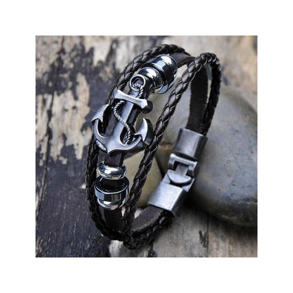 Men's Vintage Metal Anchor Steel Studded Surfer Bracelet Faux Leather Bangle Cuf