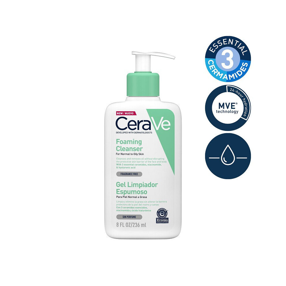 Cerave Foaming Facial Cleanser 236Ml - 3 Ceramides + Hyaluronic Acid - Fragrance Free - For Normal To Oily, Sensitive Skin