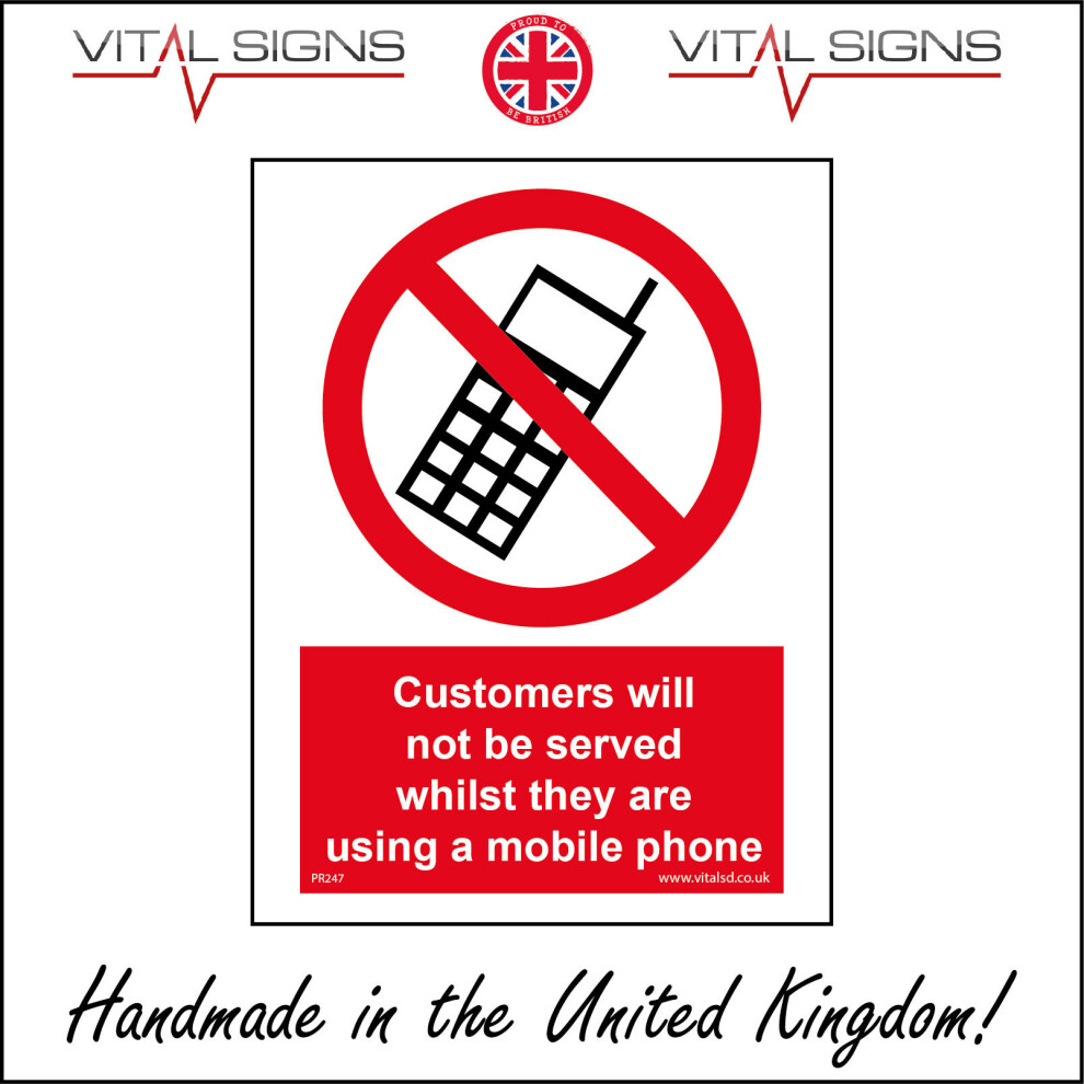 (100 x 150mm - 4 x 6, Dibond / Composite Aluminium) PR247 Customers Will Not Be Served Whilst Using A Mobile Phone Polite Queue Sign-image-OPC-P5X2XVX-NEW