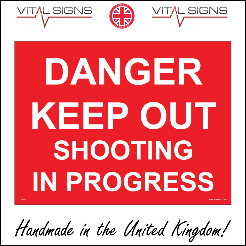 (600 x 400mm - 24 x 16, Sticker / Sav - White Background) PR266 Danger Keep Out Shooting In Progress Sign film studio camera gun range-image-OPC-P5X5D65-NEW