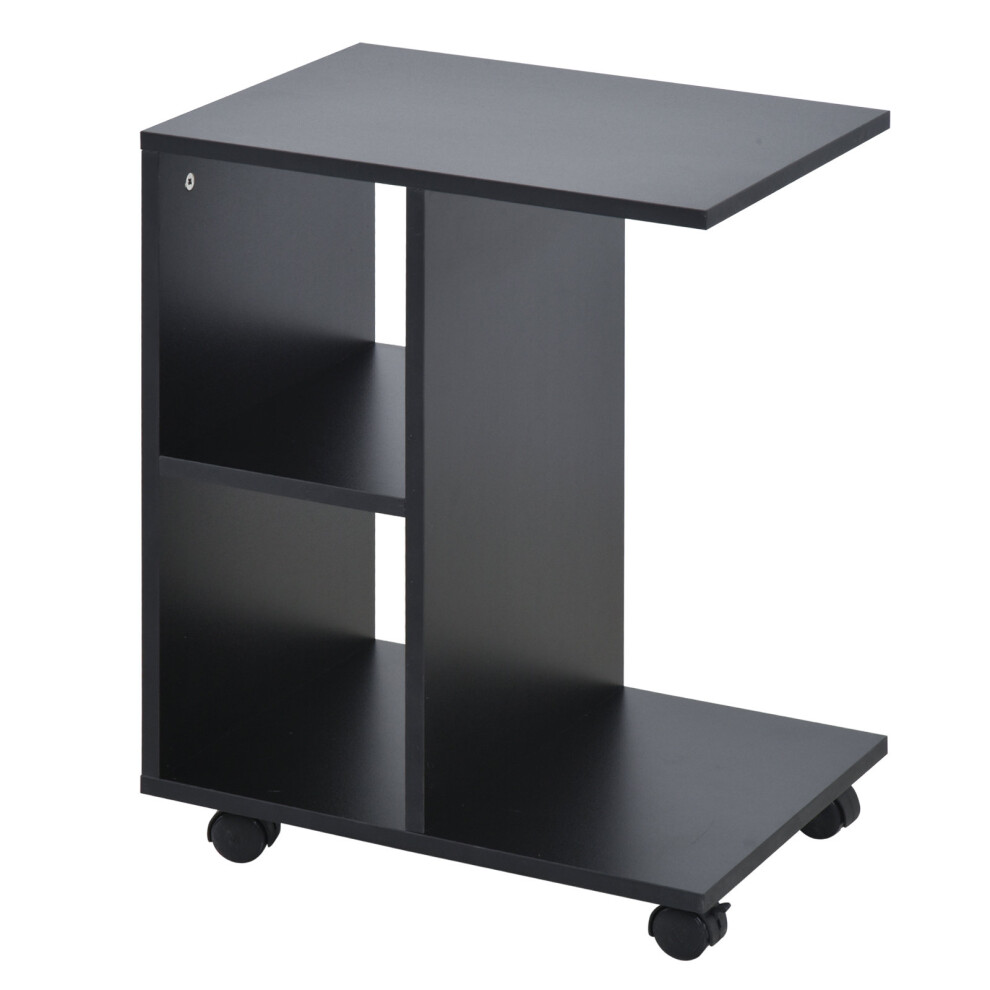 HOMCOM C-Shape End Table Storage Unit w/ 2 Shelves 4 Wheels Home Black