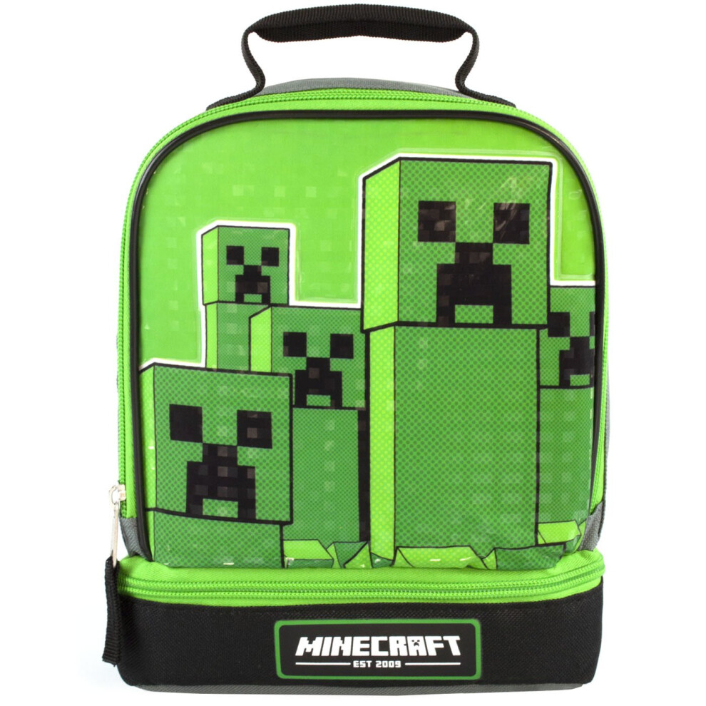 Minecraft Kids Lunchbox Creeper Zip Compartment Green Lunch Bag