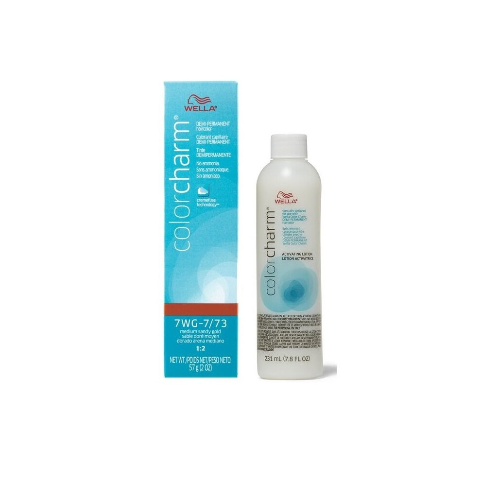 (7WG + Activating Lotion (7.8oz)) Wella Color Charm 7WG Medium Sandy Gold Demi – Permanent Haircolor