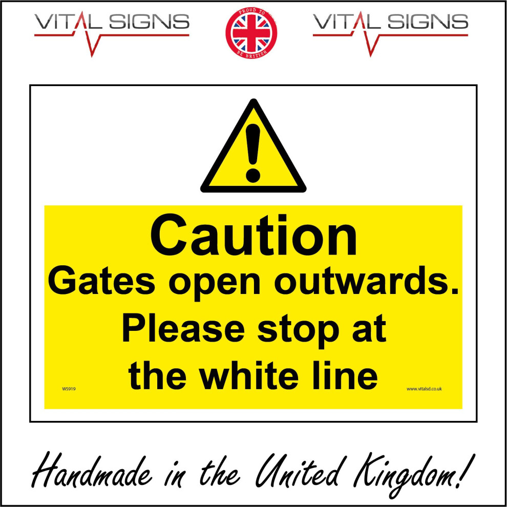 (200 x 150mm - 8 x 6, 5mm Heavy Duty Foamex Foamboard) WS919 Caution Gates Open Outwards Please Stop At The White Line Electric Sign-image-OPC-P5XB2NQ-NEW