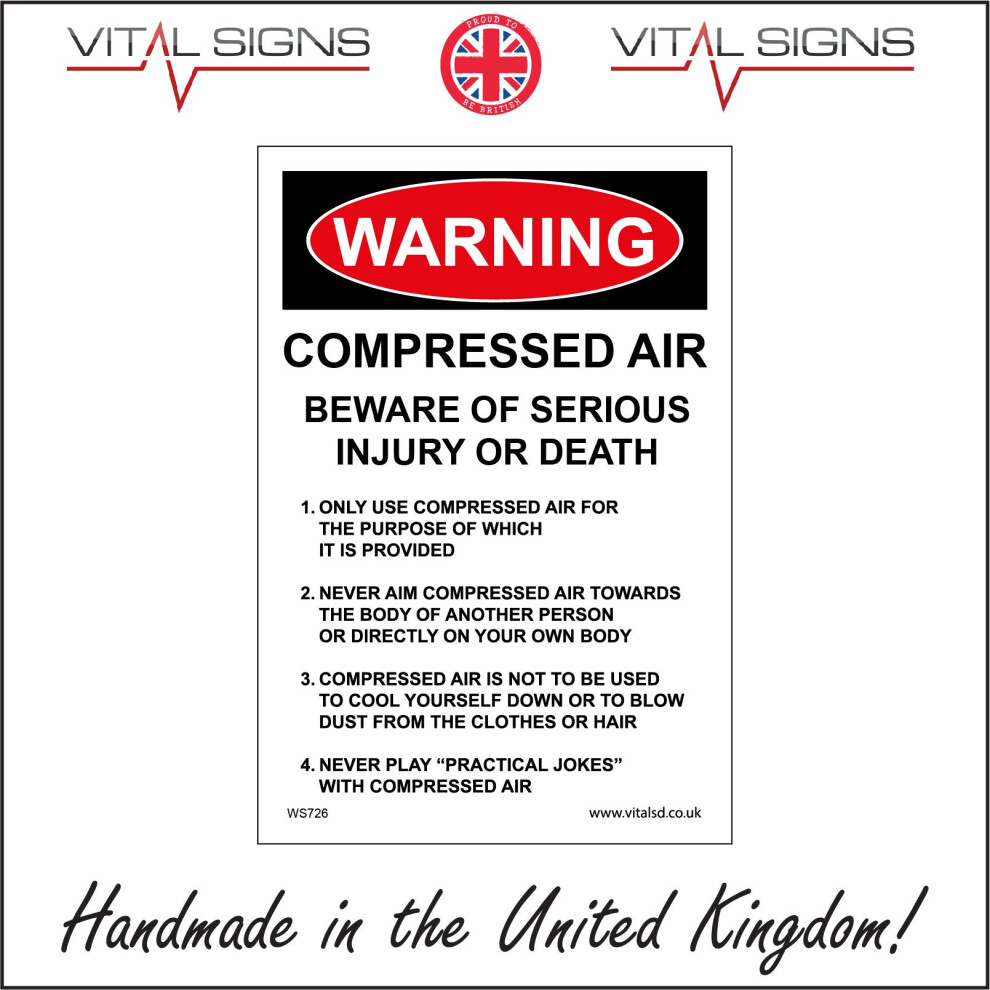 (150 x 200mm - 6 x 8, Sticker / Sav - White Background) WARNING COMPRESSED AIR SERIOUS INJURY OR DEATH SIGN WS726 SAFETY STICKER RIGID-image-OPC-P5XC2HK-NEW