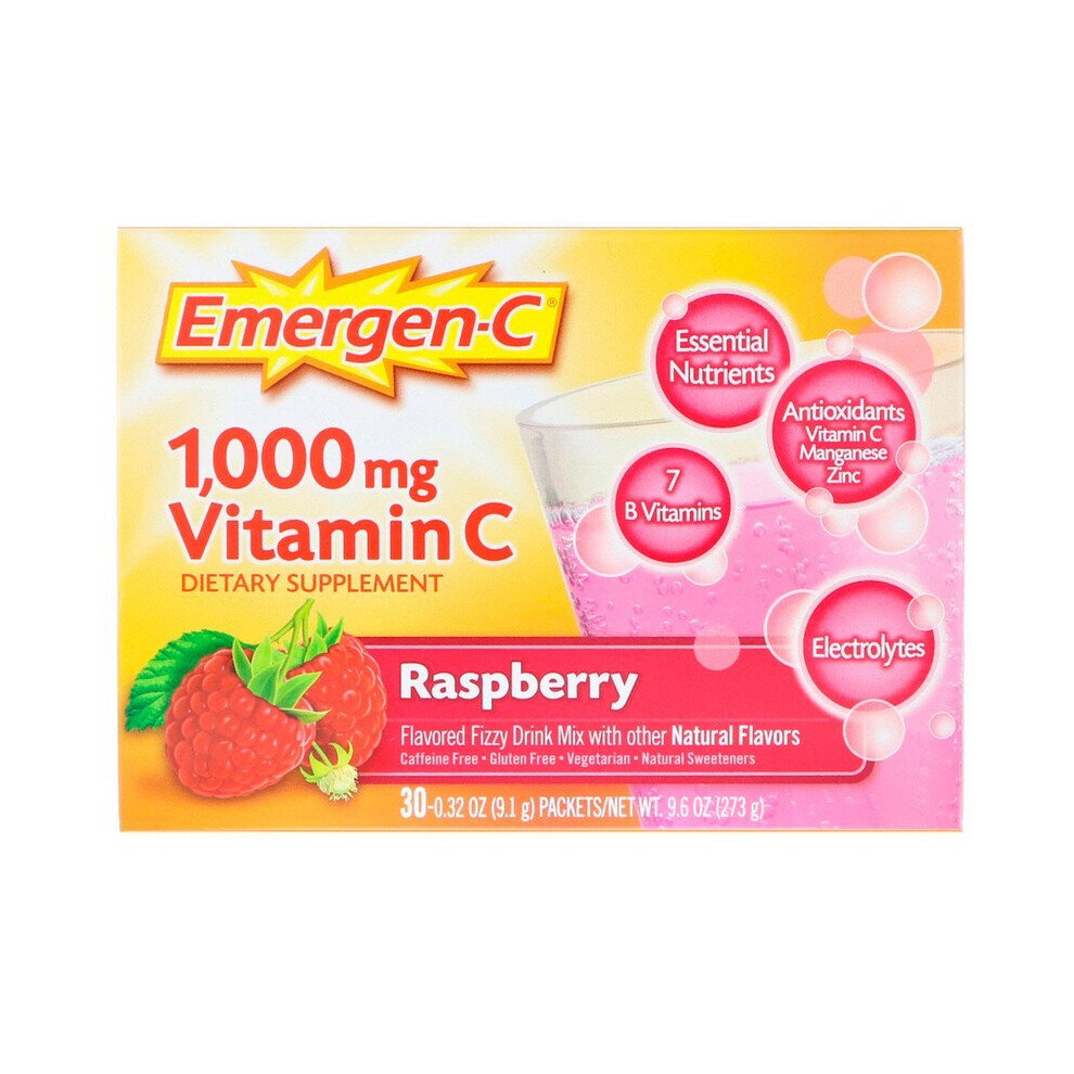Emergen-C , Vitamin C, Fizzy Drink Mix, Raspberry, 1000 Mg, 30 Packets