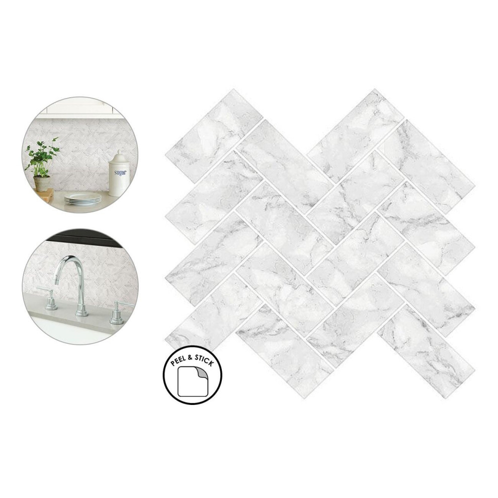 Herringbone Carrara Backsplash Tiles Peel & Stick 4Pcs White Marble Wall Sticker 091212257306