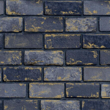 WL-692200 3D Effect Navy Blue & Gold Metallic Brick Wallpaper - Industrial Arthouse Stone Look