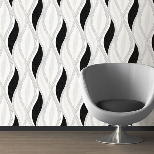 Black Glitter Waves Silver White Quality Textured Vinyl Feature Wallpaper