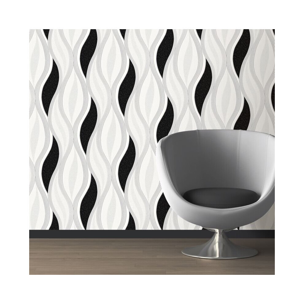 Black Glitter Waves Silver White Quality Textured Vinyl Feature Wallpaper