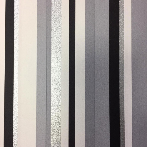 DEBONA Stripe Wallpaper Metallic Shiny Silver Grey Black White Barcode Textured Lined