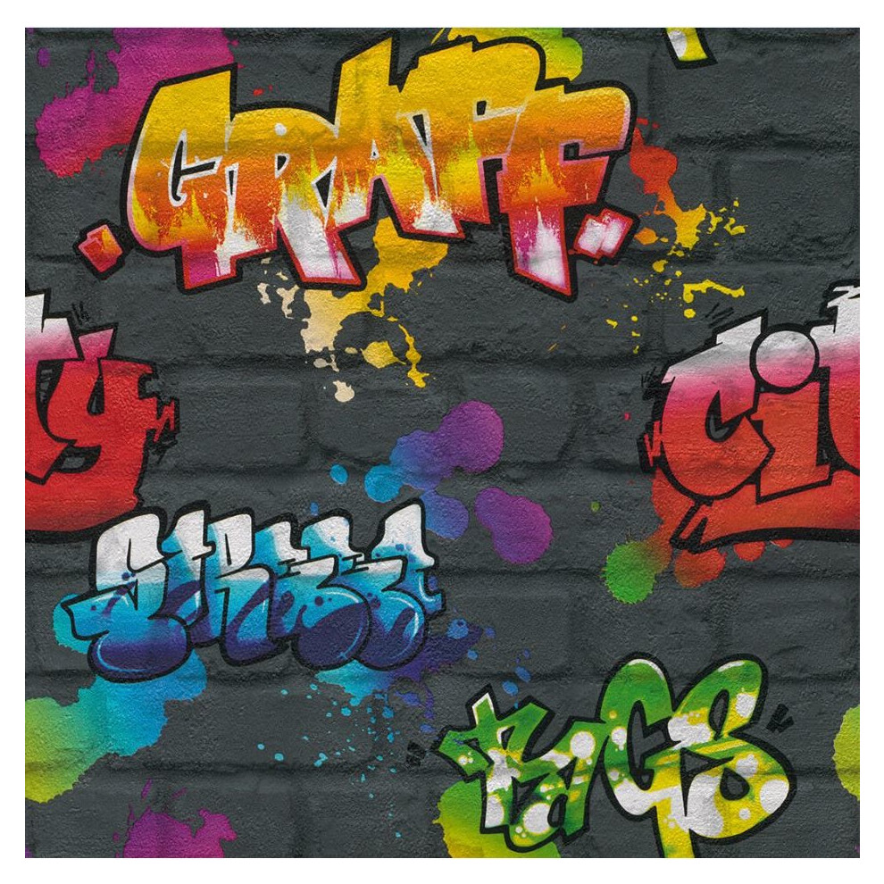 Graffiti Wallpaper Paint Splash Brick Effect Textured Typography Dark Grey Multi