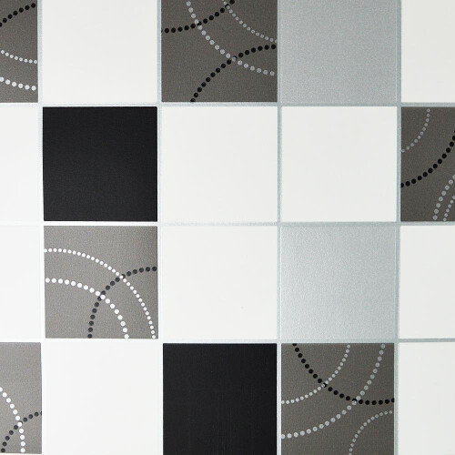 DEBONA Dotty Wallpaper Kitchen Bathroom Black Silver Tile Effect Washable