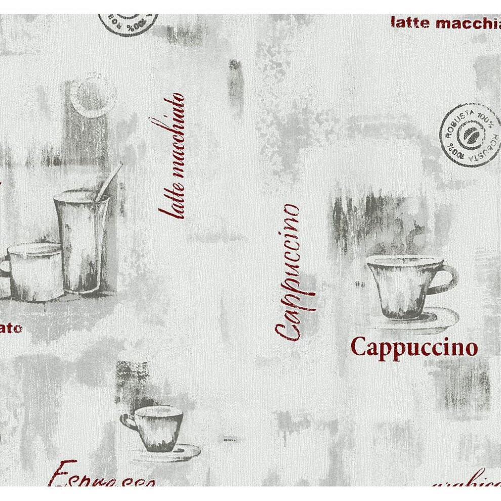 Grey Red Coffee Cup Wallpaper Typography Kitchen Textured Paste Wall Vinyl P+S