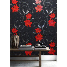 Flower Wallpaper Floral Textured Glitter Effect  Silver Black Grey Red