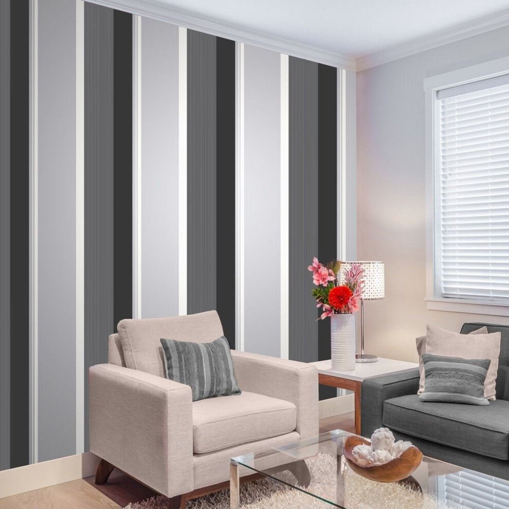 Stripe Wallpaper Bold Charcoal Grey Black White Silver Luxury Modern