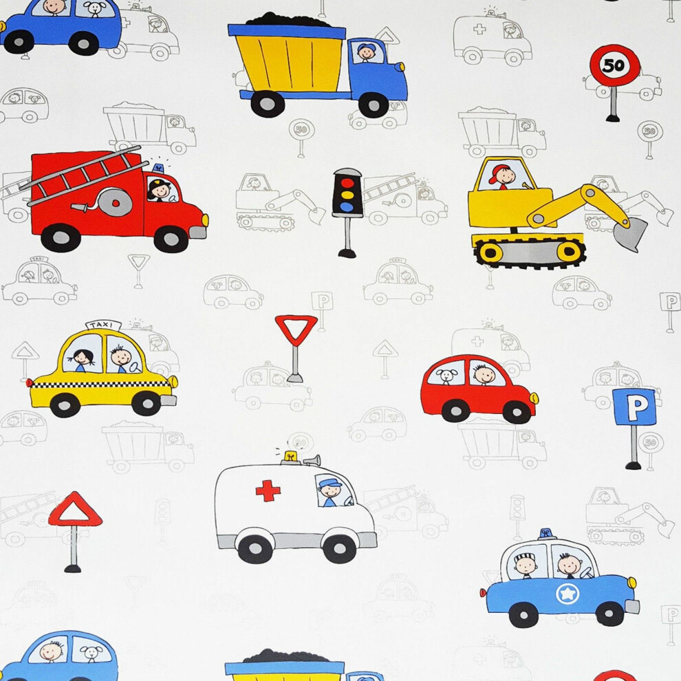 Kids City Traffic White Metallic Wallpaper Trucks Cars Fire Engine Police Rasch
